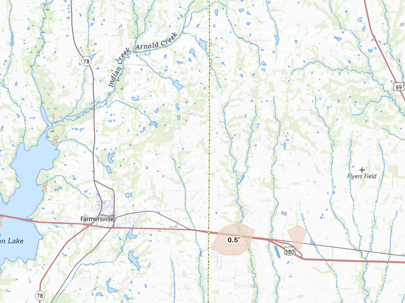 Radar-estimated hail-size map of the storm over Farmersville, TX on Apr 29, 2026