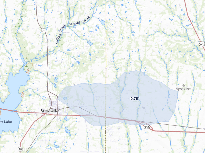 NEXRAD radar-signature map of the hail storm over Farmersville, TX on May 10, 2026