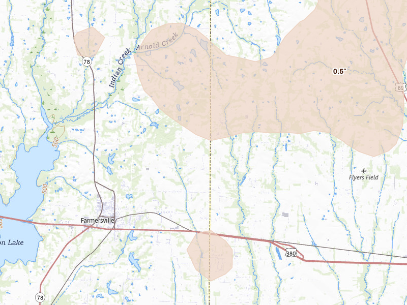Radar-estimated hail-size map of the storm over Farmersville, TX on Jun 19, 2026