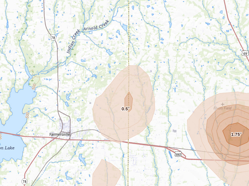 Radar-estimated hail-size map of the storm over Farmersville, TX on Jul 6, 2026