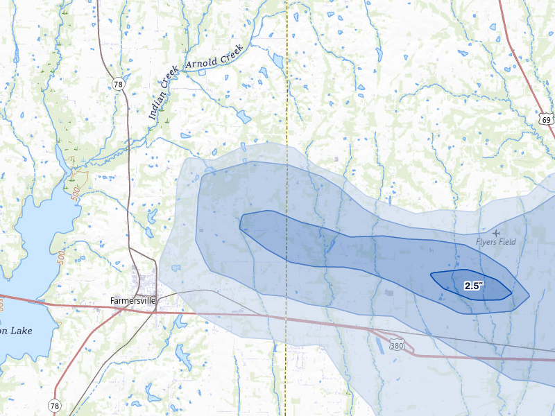 NEXRAD radar-signature map of the hail storm over Farmersville, TX on Jul 6, 2026