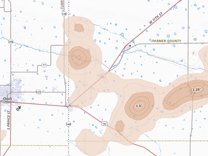 Radar-estimated hail-size map of the storm over Farwell, TX on Jul 4, 2026