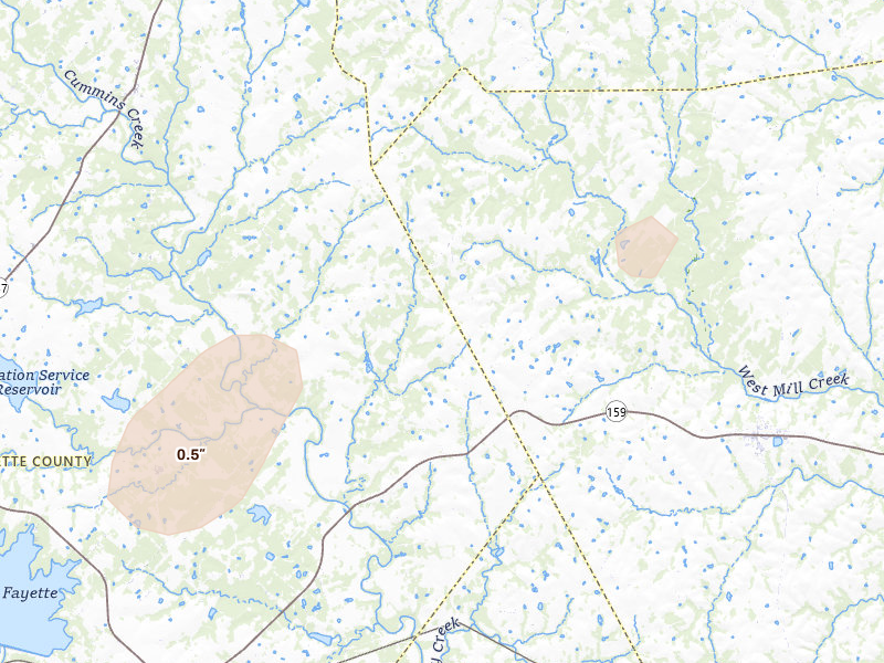 Radar-estimated hail-size map of the storm over Fayetteville, TX on May 9, 2026