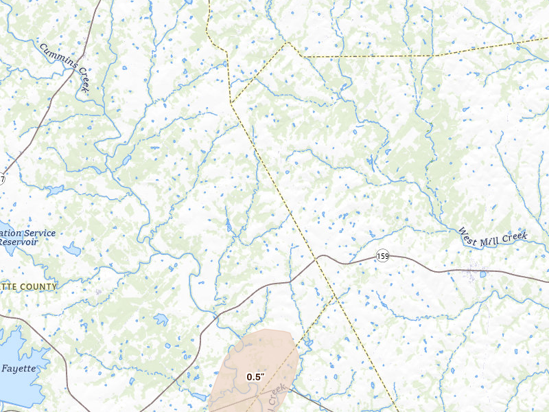 Radar-estimated hail-size map of the storm over Fayetteville, TX on May 19, 2026