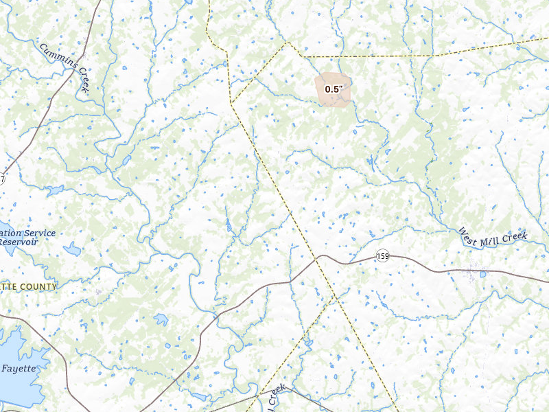 Radar-estimated hail-size map of the storm over Fayetteville, TX on Jun 2, 2026