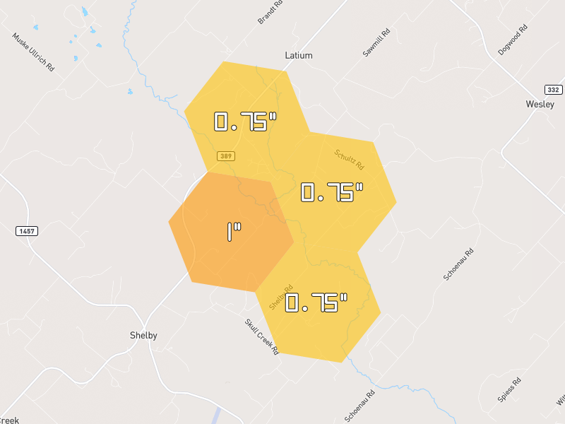 Hail map of Fayetteville, TX on Jun 2, 2026, hail up to 1"