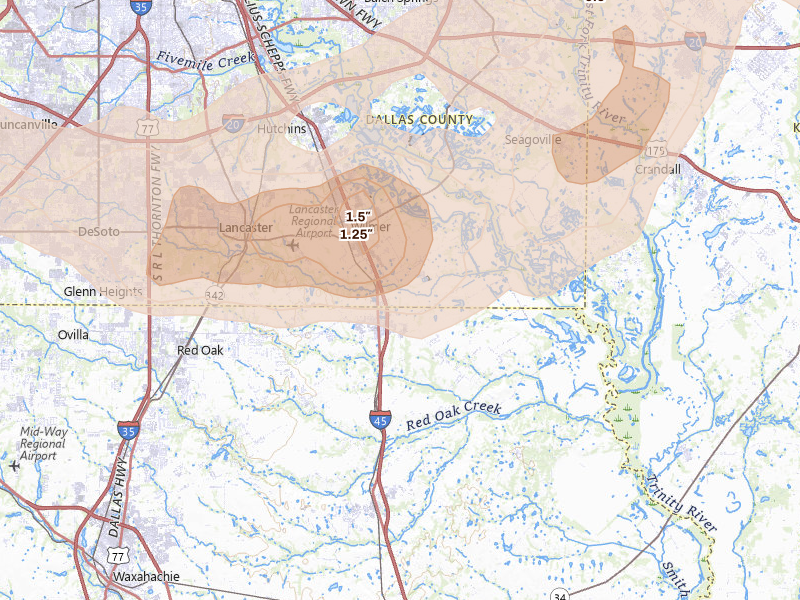 Radar-estimated hail-size map of the storm over Ferris, TX on Mar 4, 2026