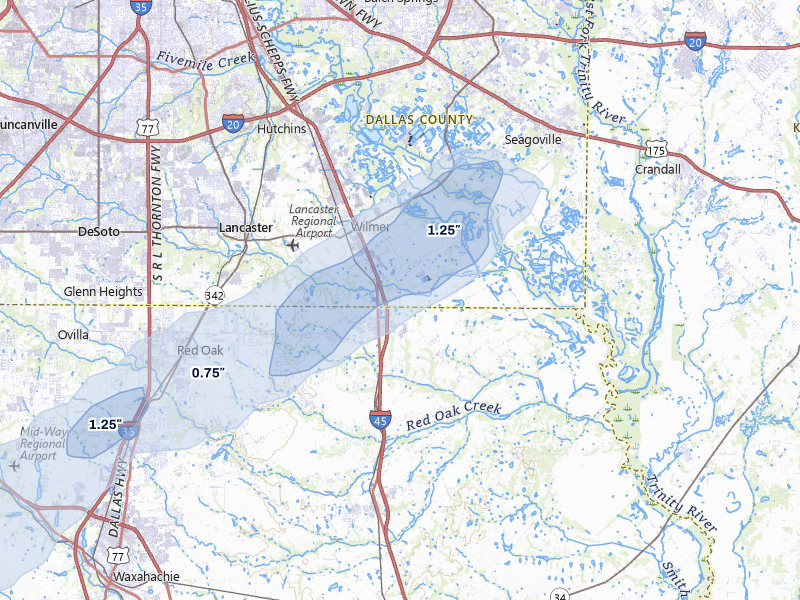 NEXRAD radar-signature map of the hail over Ferris, TX