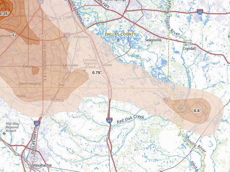 Radar-estimated hail-size map of the storm over Ferris, TX on Apr 25, 2026