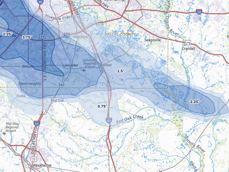 NEXRAD radar-signature map of the hail over Ferris, TX