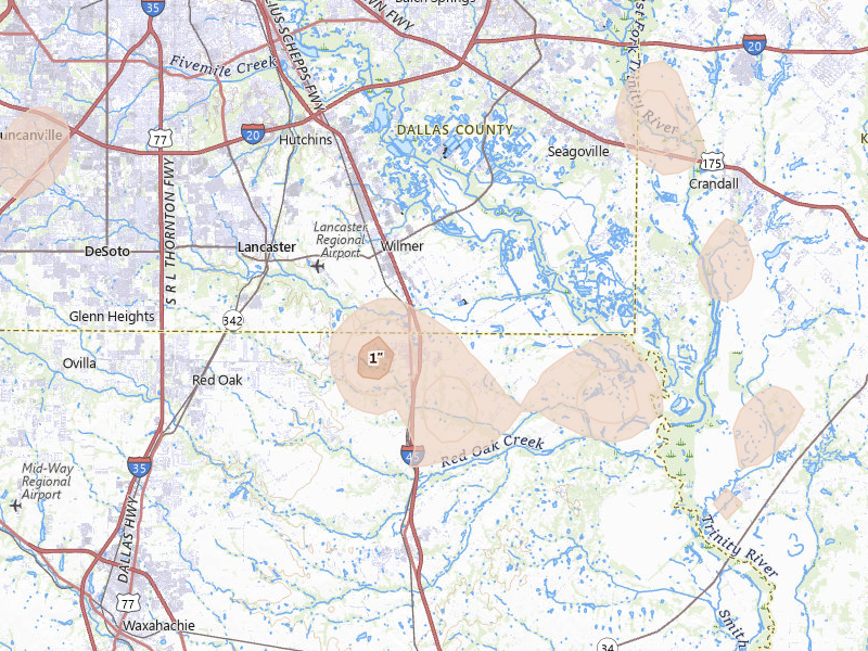 Radar-estimated hail-size map of the storm over Ferris, TX on May 24, 2026