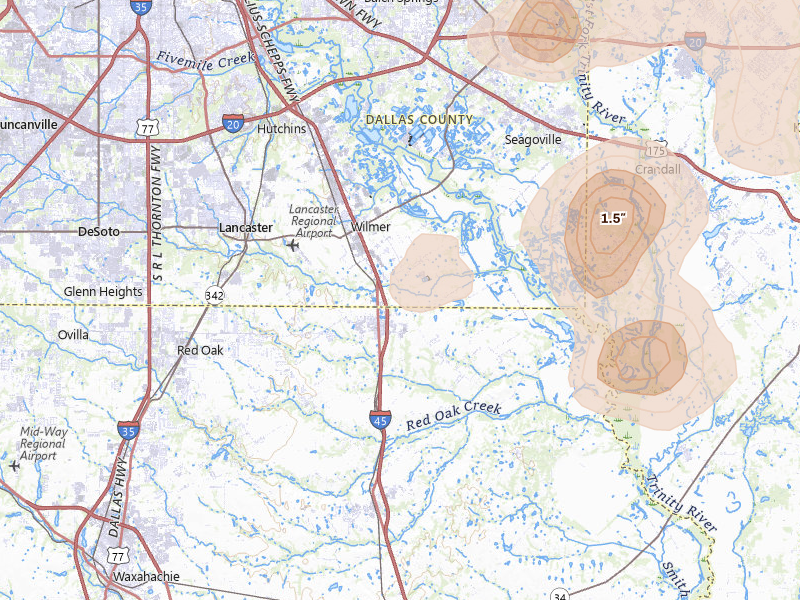 Radar-estimated hail-size map of the storm over Ferris, TX on Jun 2, 2026
