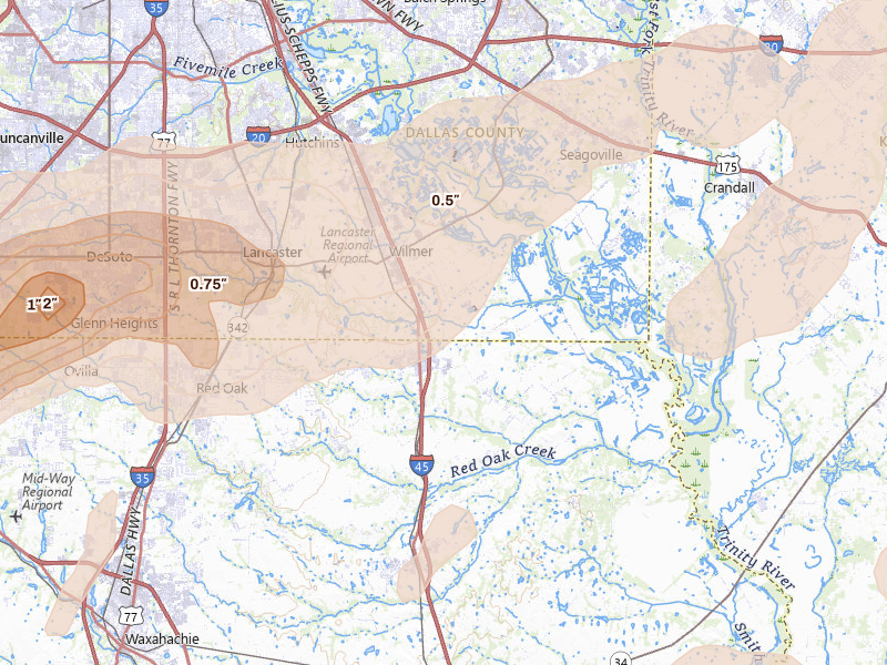 Radar-estimated hail-size map of the storm over Ferris, TX on Jun 6, 2026