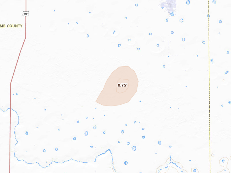 Radar-estimated hail-size map of the storm over Fieldton, TX on Jul 31, 2026