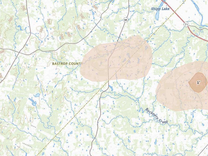 Radar-estimated hail-size map of the storm over Flatonia, TX on Aug 28, 2026
