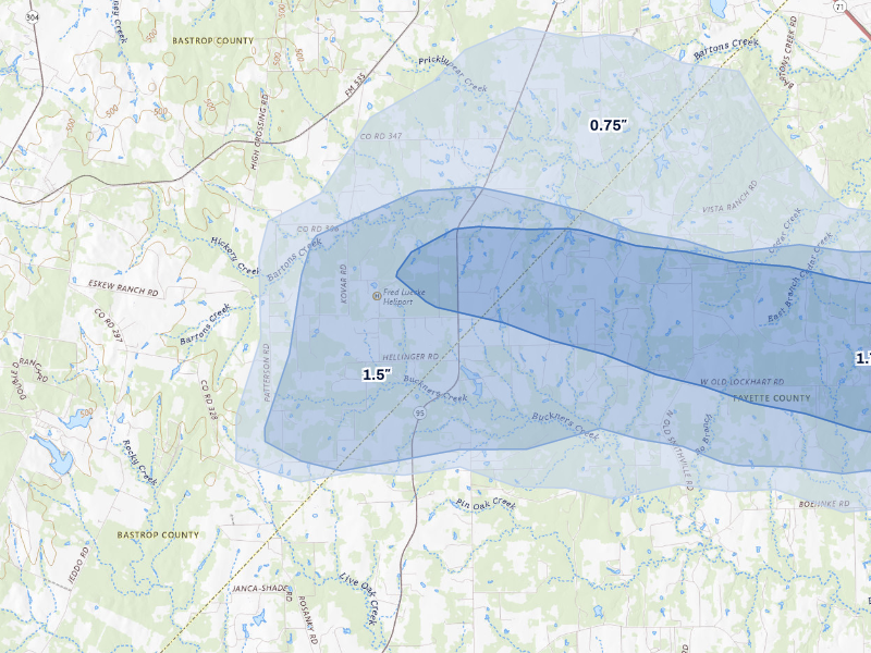 NEXRAD radar-signature map of the hail storm over Flatonia, TX on Aug 28, 2026