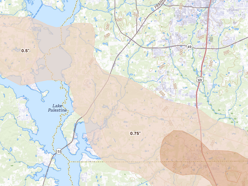 Radar-estimated hail-size map of the storm over Flint, TX on Mar 15, 2026