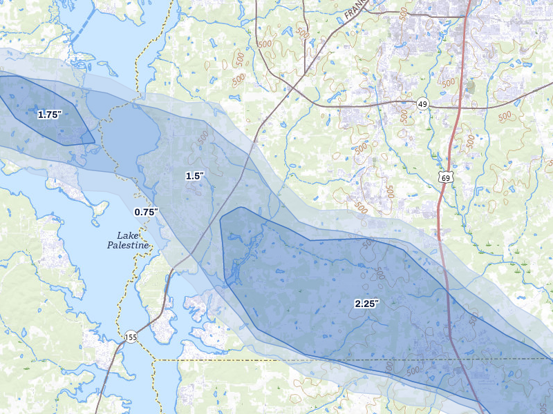 NEXRAD radar-signature map of the hail storm over Flint, TX on Mar 15, 2026