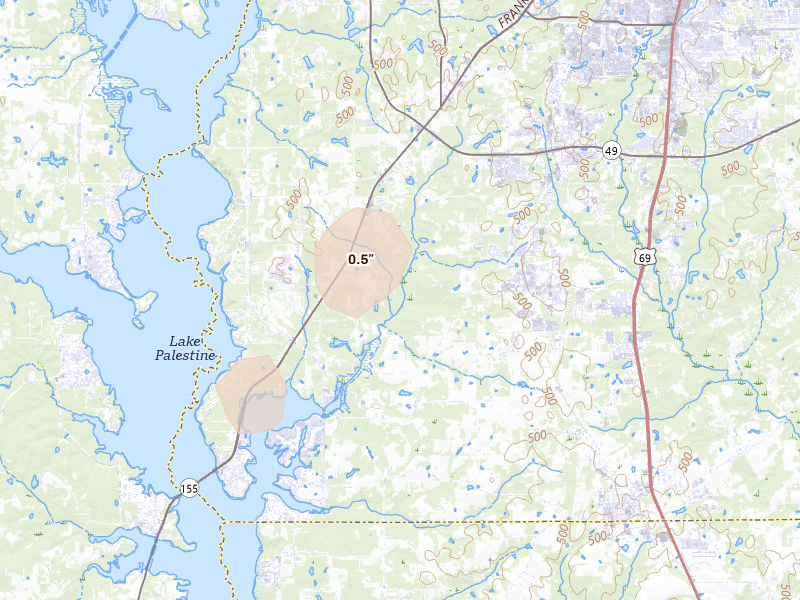 Radar-estimated hail-size map of the storm over Flint, TX on May 25, 2026