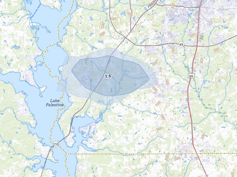 NEXRAD radar-signature map of the hail storm over Flint, TX on May 25, 2026