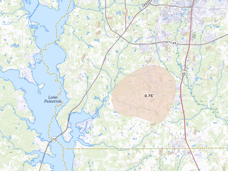 Radar-estimated hail-size map of the storm over Flint, TX on May 26, 2026