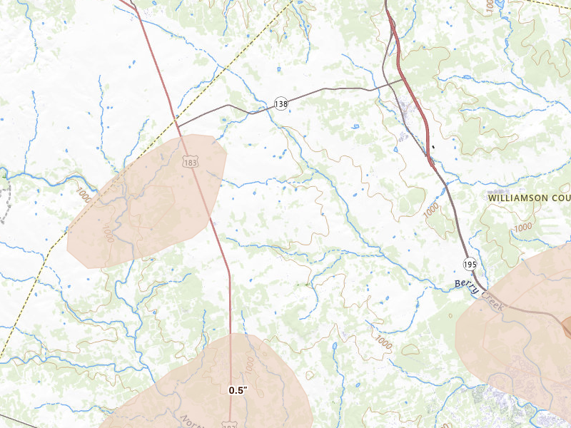 Radar-estimated hail-size map of the storm over Florence, TX on May 10, 2026