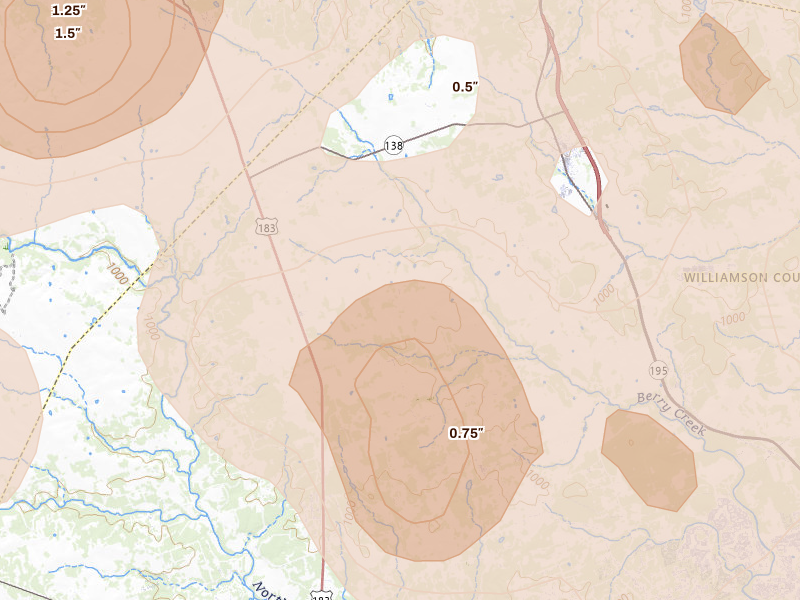 Radar-estimated hail-size map of the storm over Florence, TX on May 19, 2026