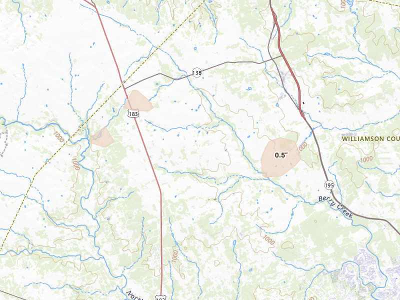 Radar-estimated hail-size map of the storm over Florence, TX on May 22, 2026