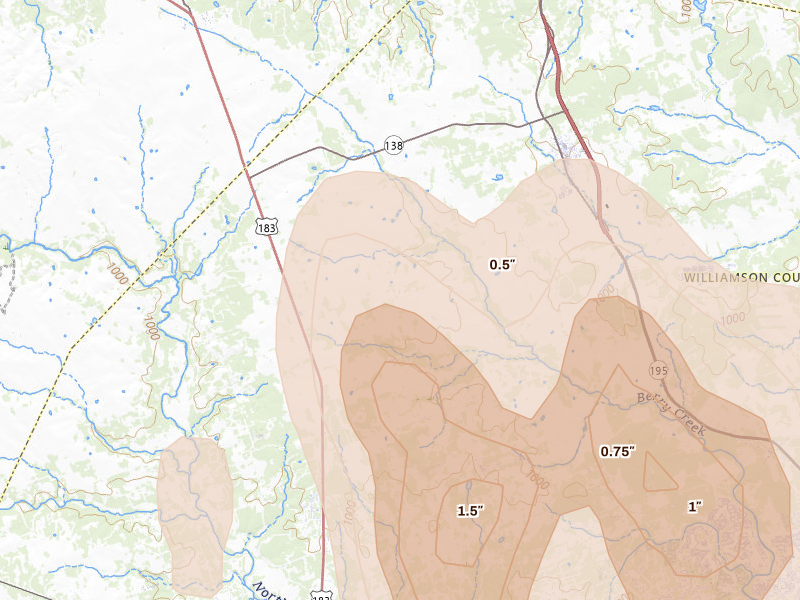 Radar-estimated hail-size map of the storm over Florence, TX on May 26, 2026