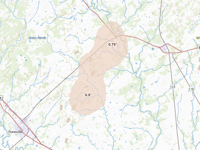 Radar-estimated hail-size map of the storm over Floresville, TX on Aug 1, 2026