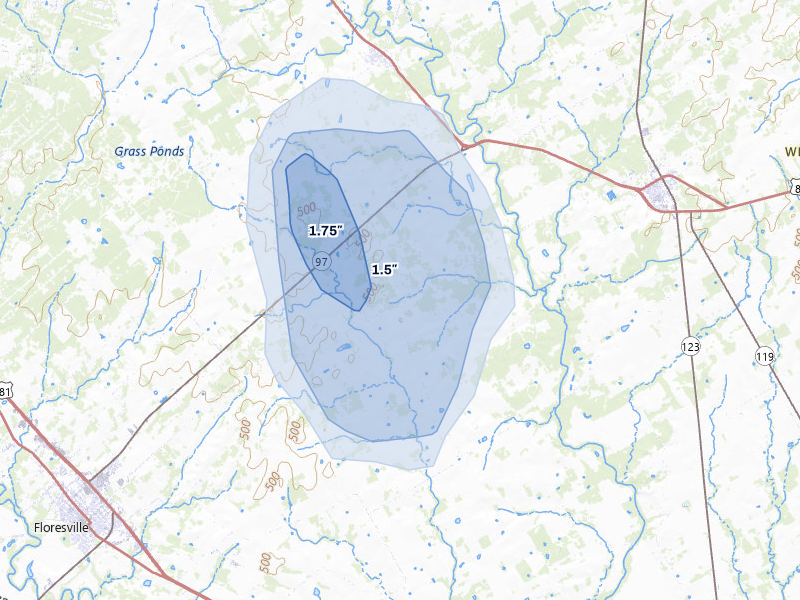 NEXRAD radar-signature map of the hail storm over Floresville, TX on Aug 1, 2026