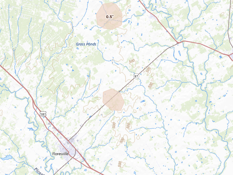Radar-estimated hail-size map of the storm over Floresville, TX on Aug 27, 2026