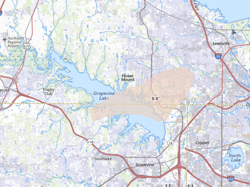 Radar-estimated hail-size map of the storm over Flower Mound, TX on Mar 4, 2026