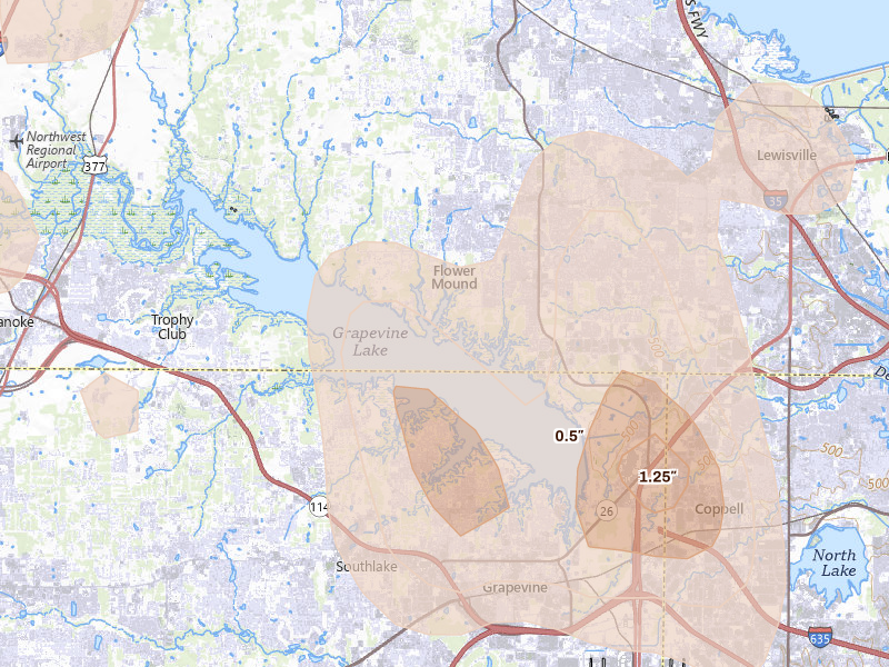 Radar-estimated hail-size map of the storm over Flower Mound, TX on May 22, 2026