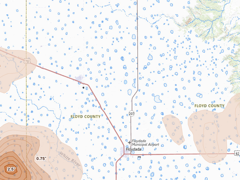 Radar-estimated hail-size map of the storm over Floydada, TX on May 22, 2026