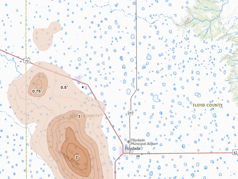 Radar-estimated hail-size map of the storm over Floydada, TX on Jun 23, 2026