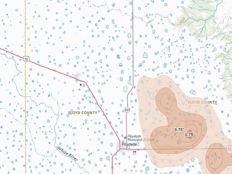 Radar-estimated hail-size map of the storm over Floydada, TX on Jul 5, 2026