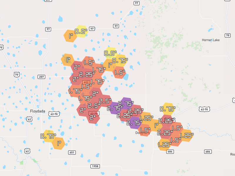 Hail map of Floydada, TX on Jul 5, 2026, hail up to 2.75"