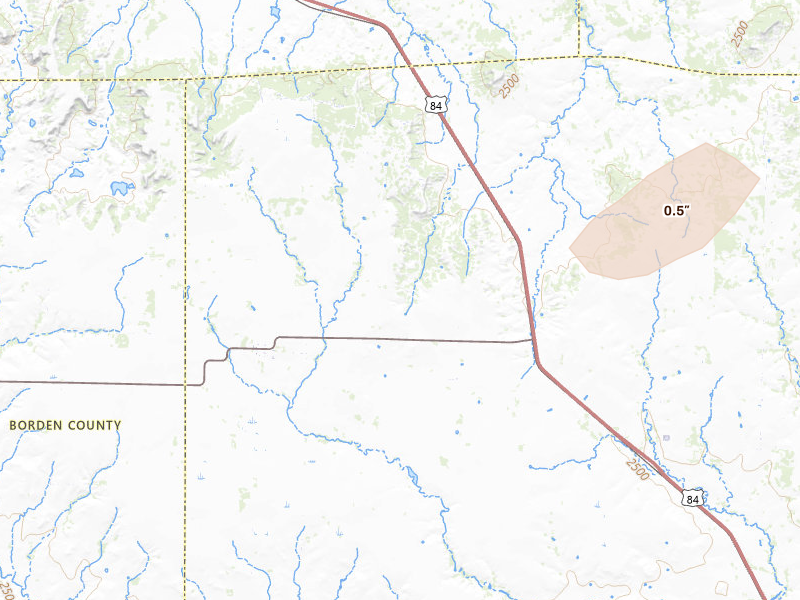 Radar-estimated hail-size map of the storm over Fluvanna, TX on Apr 27, 2026