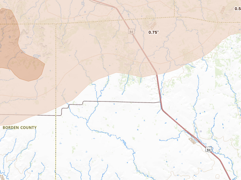 Radar-estimated hail-size map of the storm over Fluvanna, TX on May 15, 2026