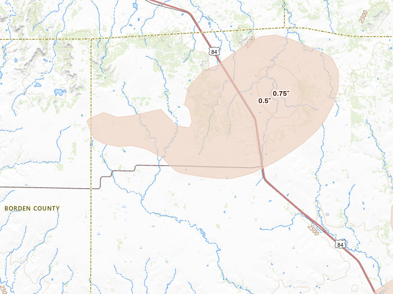 Radar-estimated hail-size map of the storm over Fluvanna, TX on May 22, 2026
