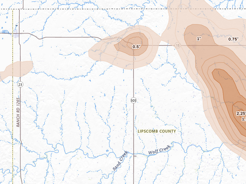 Radar-estimated hail-size map of the storm over Follett, TX on May 9, 2026