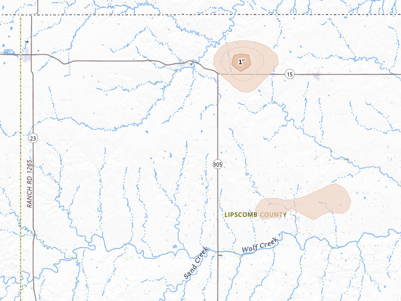 Radar-estimated hail-size map of the storm over Follett, TX on May 10, 2026