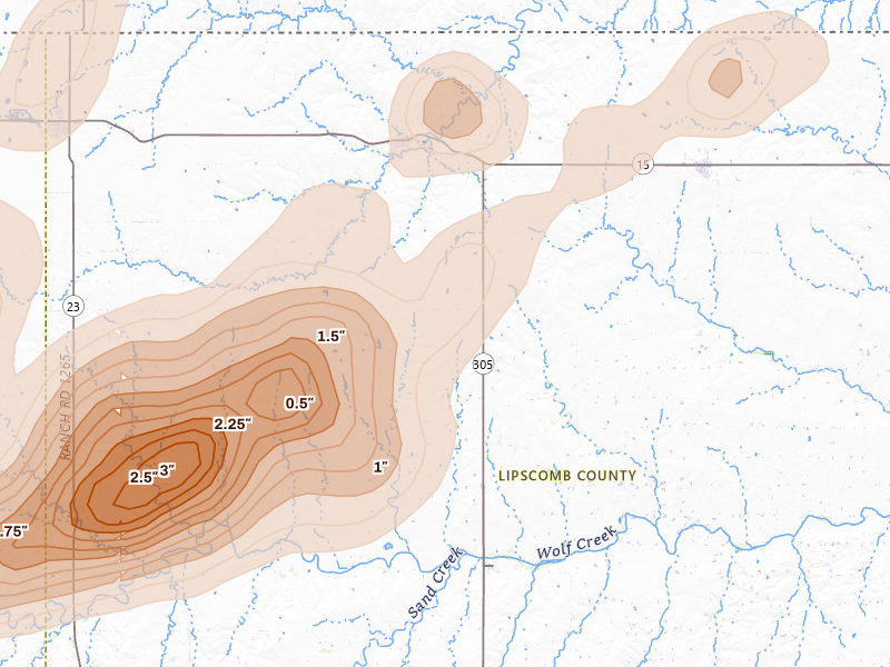 Radar-estimated hail-size map of the storm over Follett, TX on Jun 8, 2026