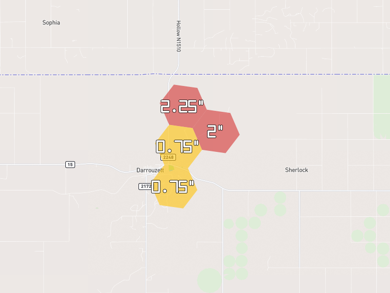 Hail map of Follett, TX on Jun 9, 2026, hail up to 2.25"