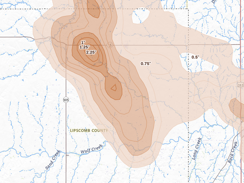 Radar-estimated hail-size map of the storm over Follett, TX on Jun 22, 2026