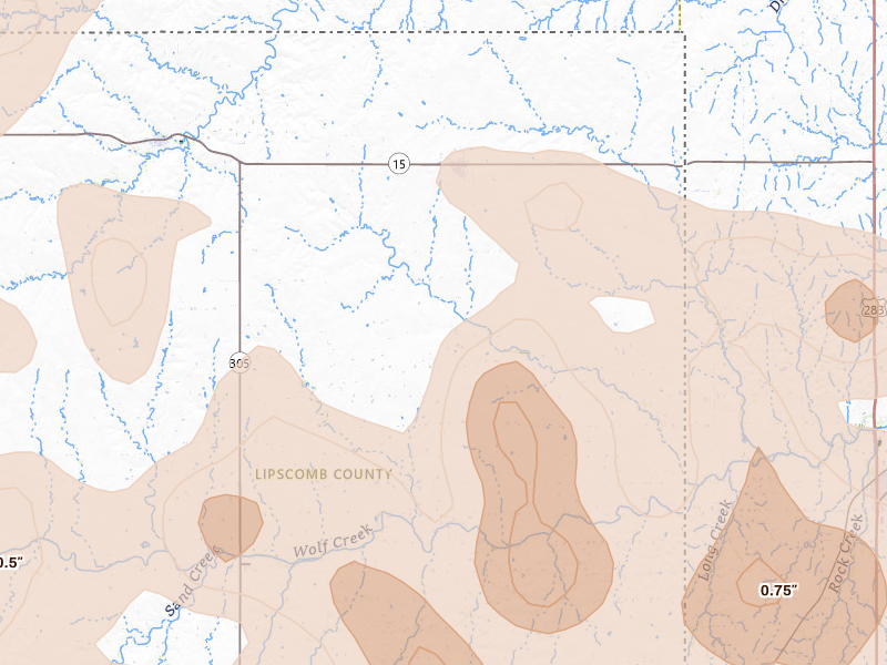 Radar-estimated hail-size map of the storm over Follett, TX on Jun 23, 2026