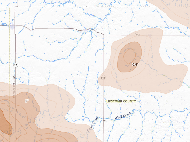 Radar-estimated hail-size map of the storm over Follett, TX on Jun 25, 2026