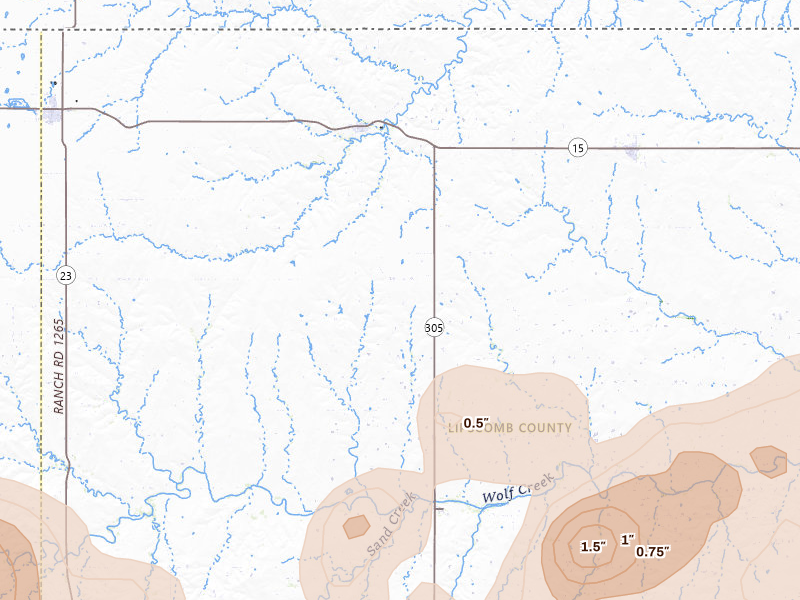 Radar-estimated hail-size map of the storm over Follett, TX on Jul 4, 2026