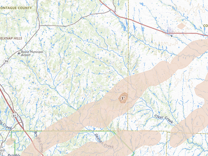Radar-estimated hail-size map of the storm over Forestburg, TX on Apr 15, 2026